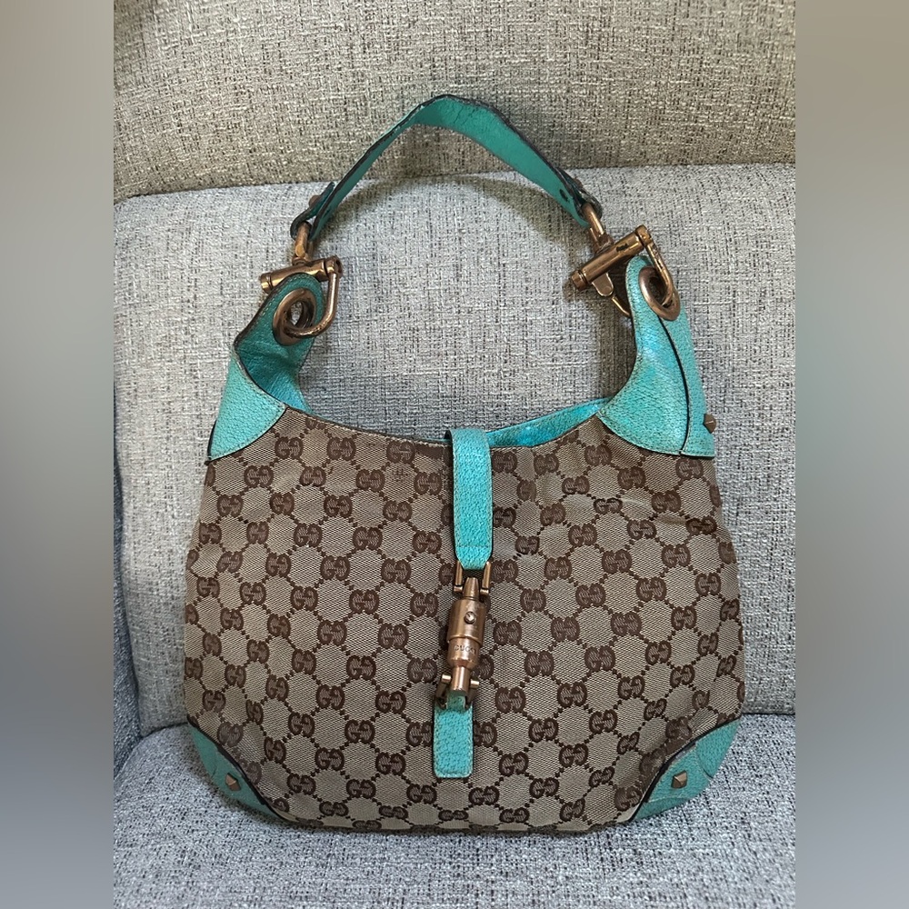 Gucci Jackie with D Rings, Tan GG logo and Teal trim